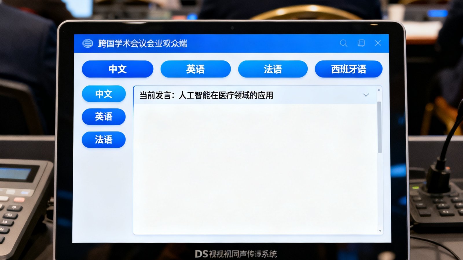 跨国学术会议场景中DS视讯同声传译系统的听众端界面，显示多语言频道选择按钮与实时字幕，设计简洁专业