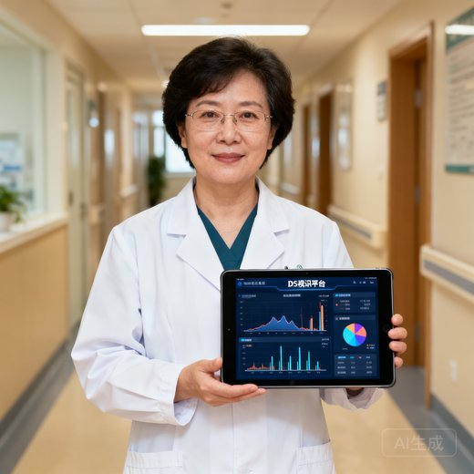 DS视讯医学总监周雅琴教授，她身着白大褂站在医院走廊，手持平板电脑展示DS视讯平台界面，展现医学专业背景